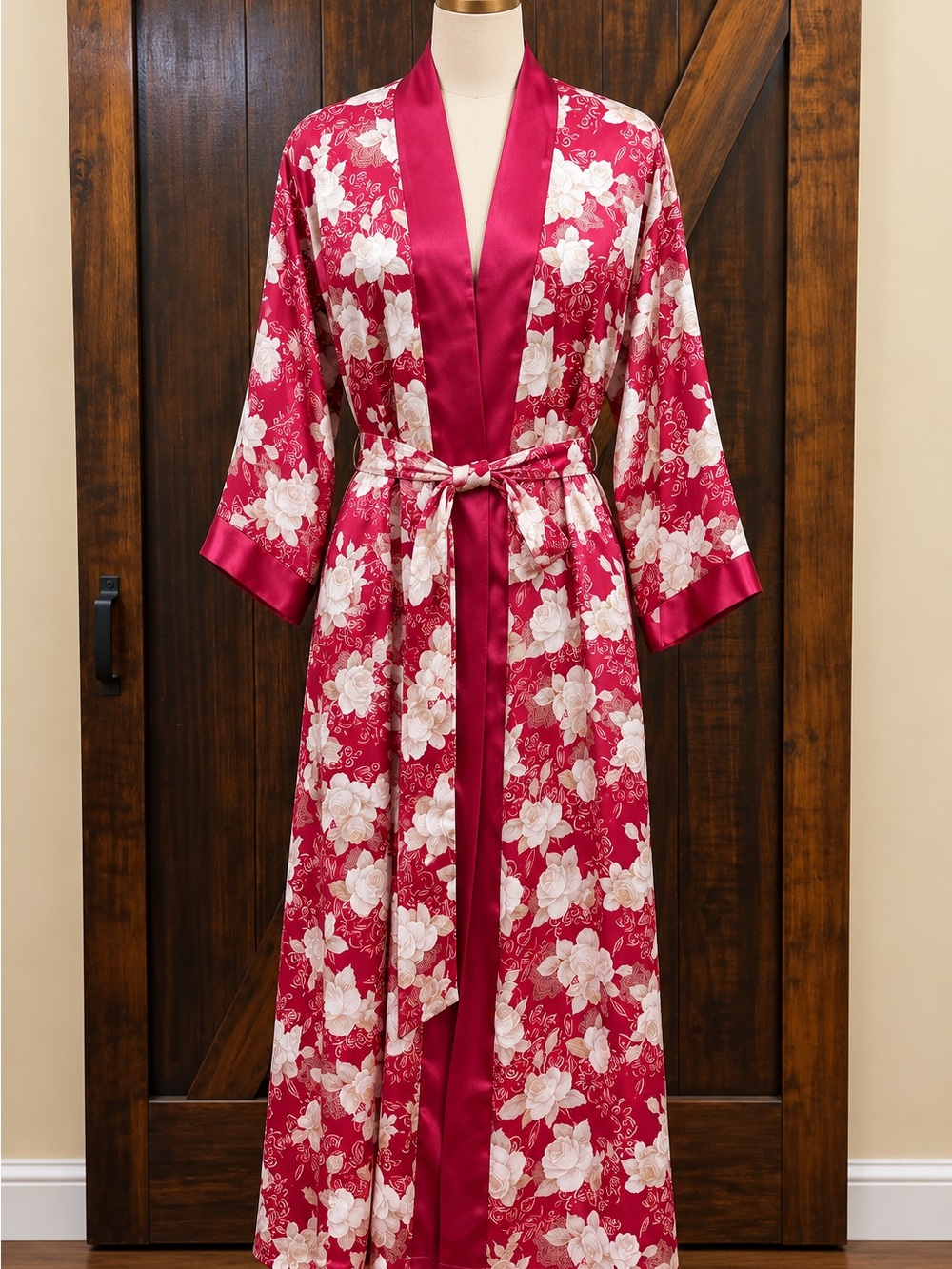 Adonna Burgundy/Raspberry Red Polyester Floral Long Robe with Cream Roses